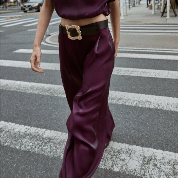 ZARA EGGPLANT SATIN WIDE LEG BELTED PANTS - Picture 2 of 4
